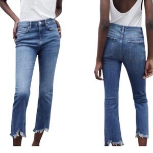 Zara High Hi Rise Waist Waisted Denim Jeans Raw Hem Edge Cropped Ankle 10 30 31